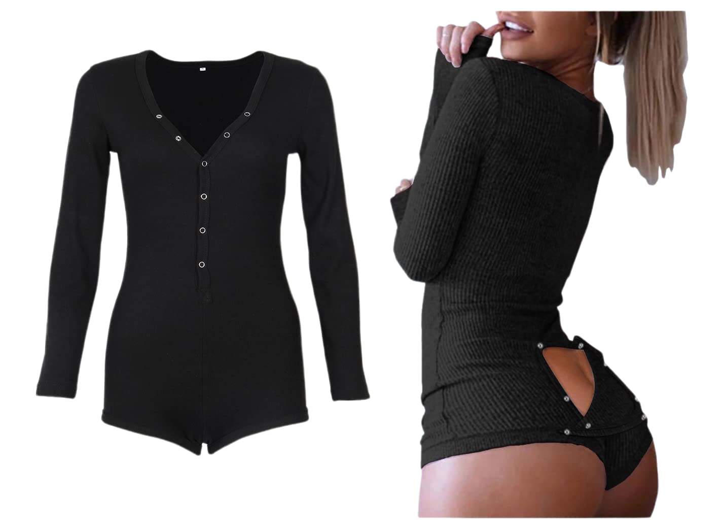 Roselux Women's Sexy Deep V Neck Shorts Long Sleeve Knitted One Piece Bodysuit Sexy Pajama Onesie Bodycon Rompers Overall