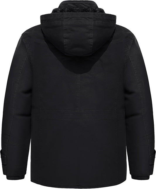 TACVASEN Men's Winter Jacket Cotton Military Jackets Fleece Lined Thick Work Warm Cargo Coats with Hooded
