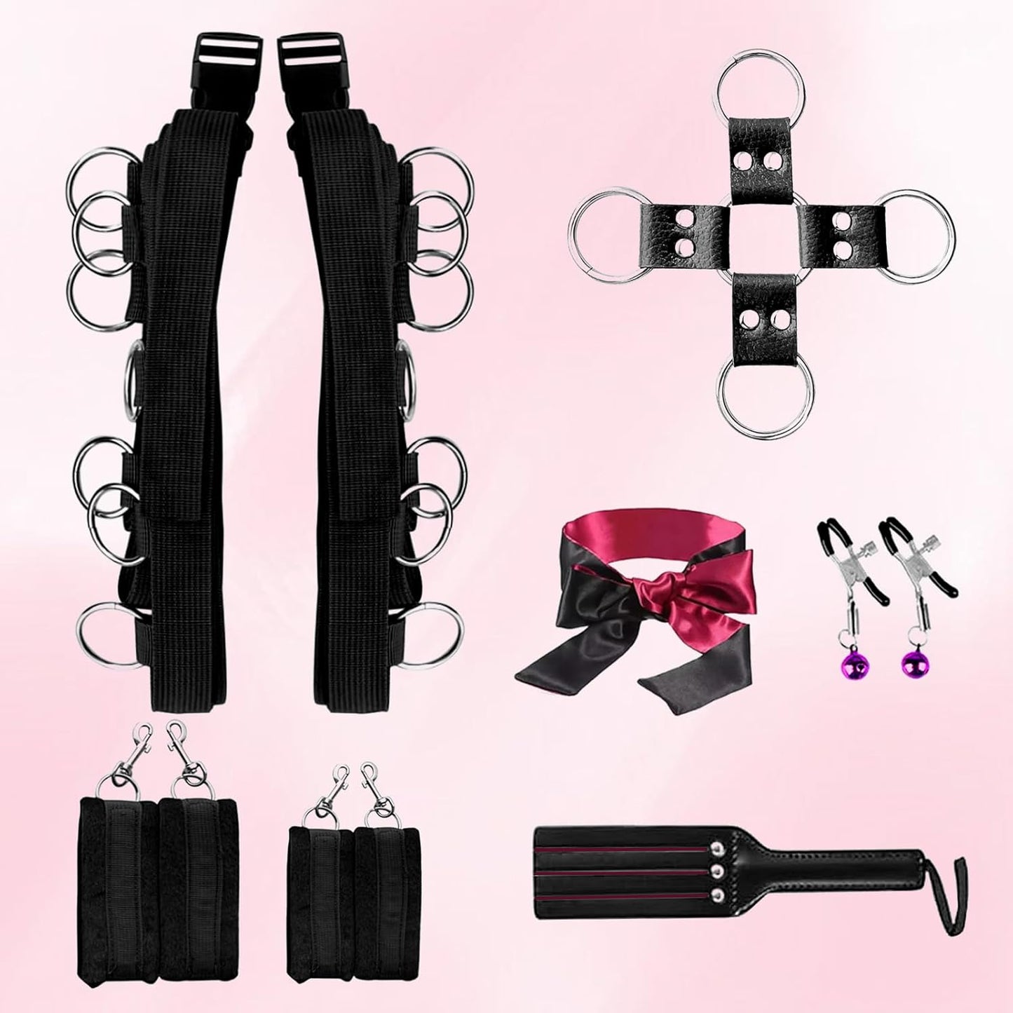 Kit de Contention au lit, Sex Toýs Femme XOPLAY Ensemble de Contention Sexuelle Sous le Matelas avec Poignets et Chevilles, Jeu Sexuel BDSM pour Couple, Bandeau, Chatouilleuse et Pinces à Tétons