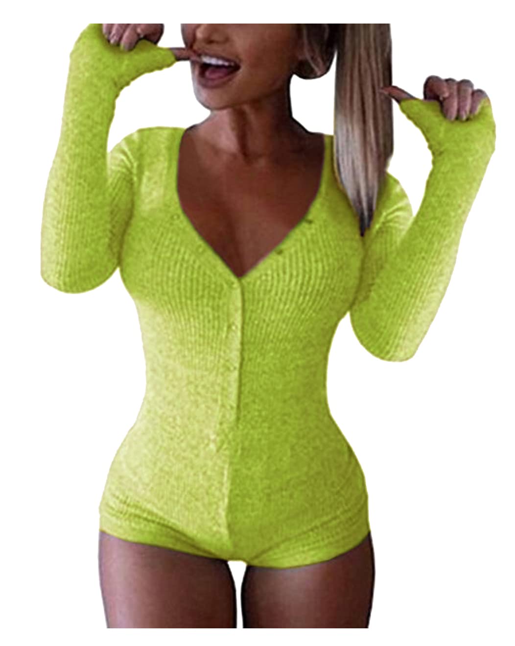 Roselux Women's Sexy Deep V Neck Shorts Long Sleeve Knitted One Piece Bodysuit Sexy Pajama Onesie Bodycon Rompers Overall
