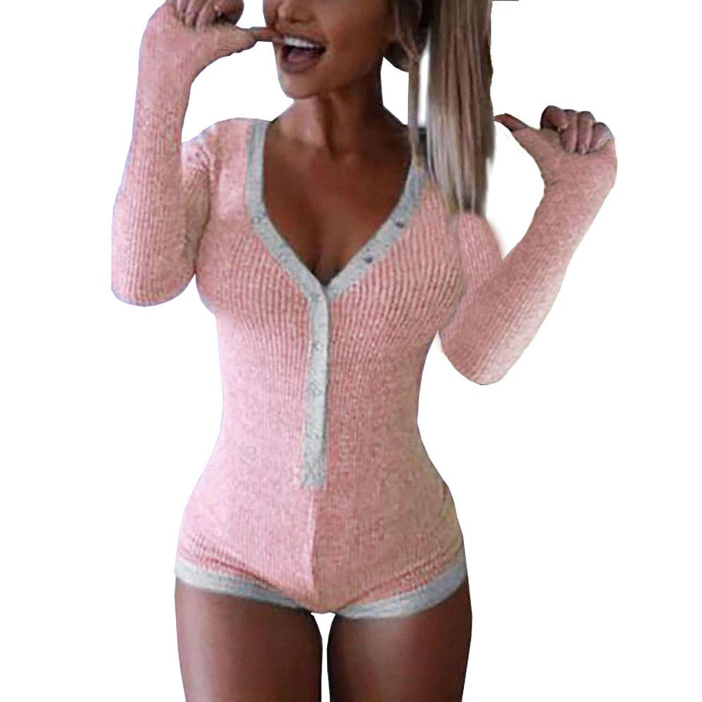 Roselux Women's Sexy Deep V Neck Shorts Long Sleeve Knitted One Piece Bodysuit Sexy Pajama Onesie Bodycon Rompers Overall