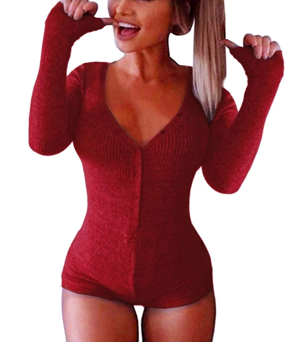 Roselux Women's Sexy Deep V Neck Shorts Long Sleeve Knitted One Piece Bodysuit Sexy Pajama Onesie Bodycon Rompers Overall