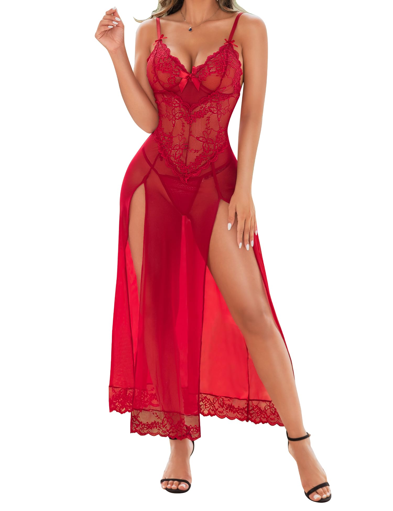 RSLOVE Lingerie Sexy Nuisette Femme Robe au Genou Vêtements de Nuit Robe sans Manches
