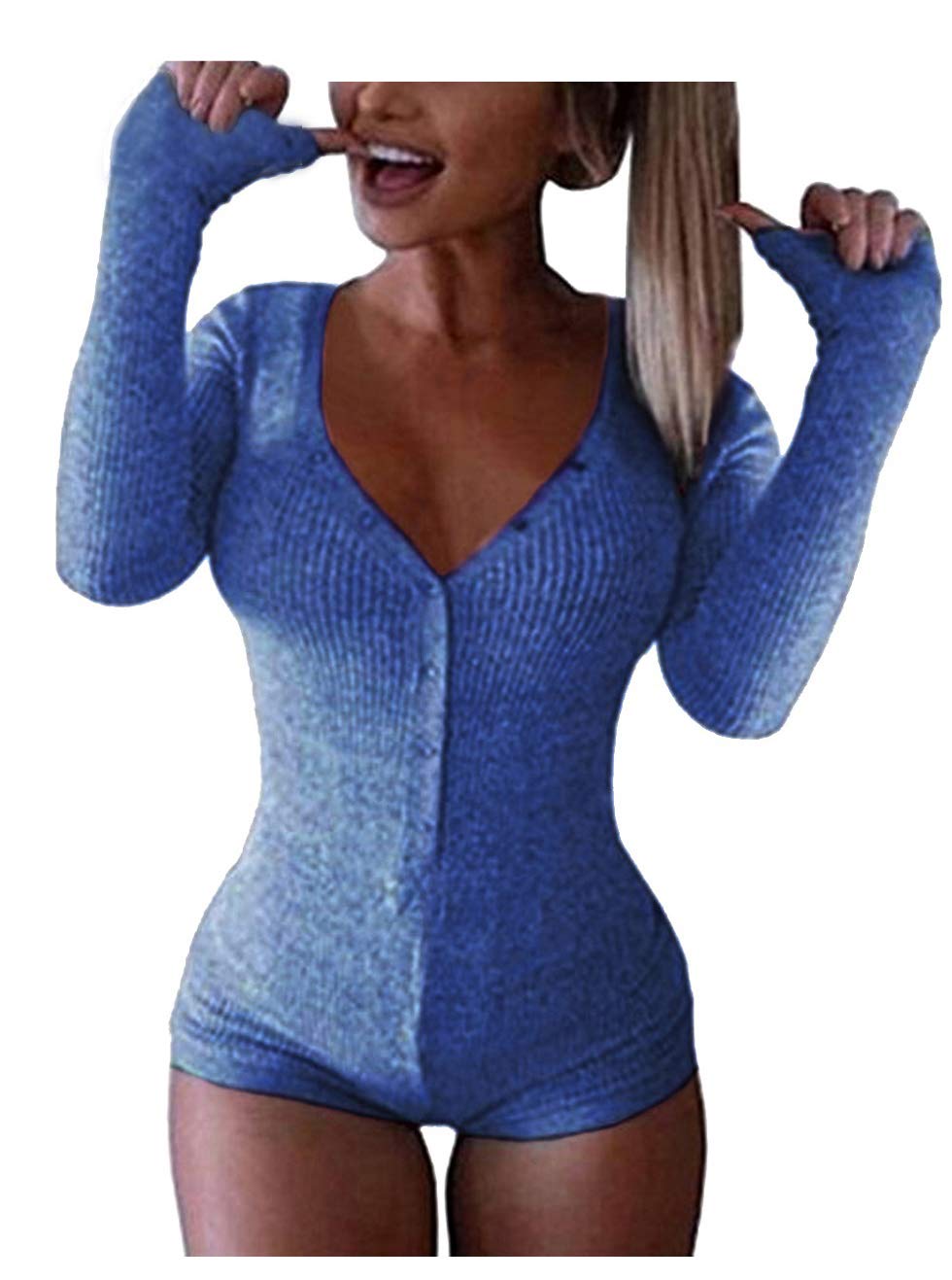 Roselux Women's Sexy Deep V Neck Shorts Long Sleeve Knitted One Piece Bodysuit Sexy Pajama Onesie Bodycon Rompers Overall