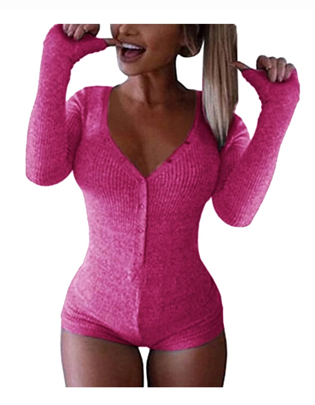 Roselux Women's Sexy Deep V Neck Shorts Long Sleeve Knitted One Piece Bodysuit Sexy Pajama Onesie Bodycon Rompers Overall