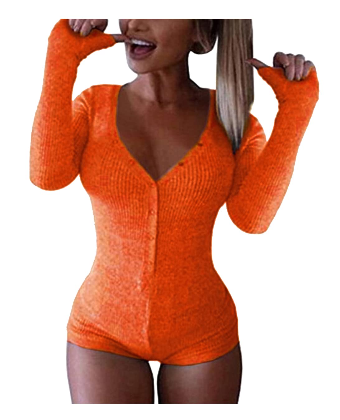 Roselux Women's Sexy Deep V Neck Shorts Long Sleeve Knitted One Piece Bodysuit Sexy Pajama Onesie Bodycon Rompers Overall