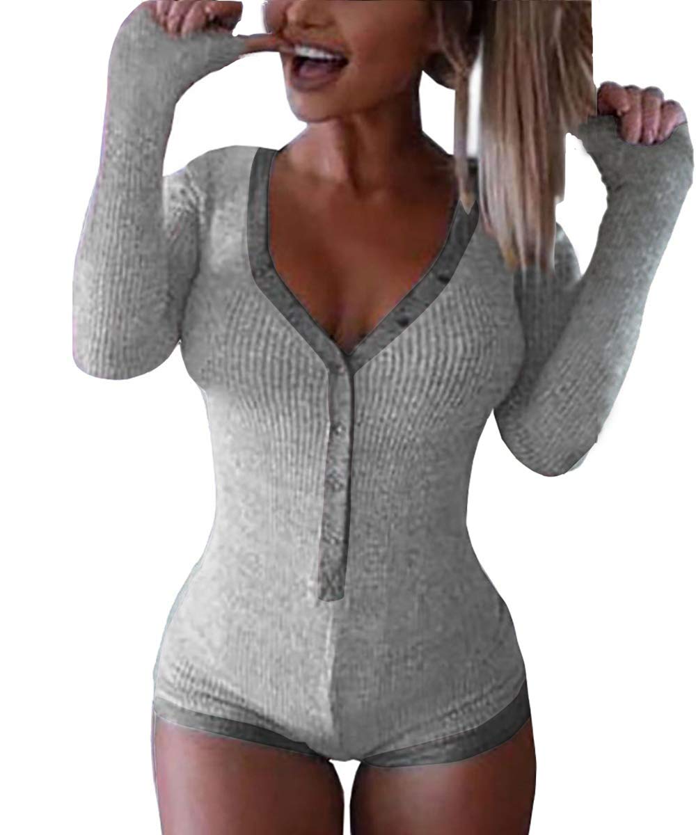Roselux Women's Sexy Deep V Neck Shorts Long Sleeve Knitted One Piece Bodysuit Sexy Pajama Onesie Bodycon Rompers Overall