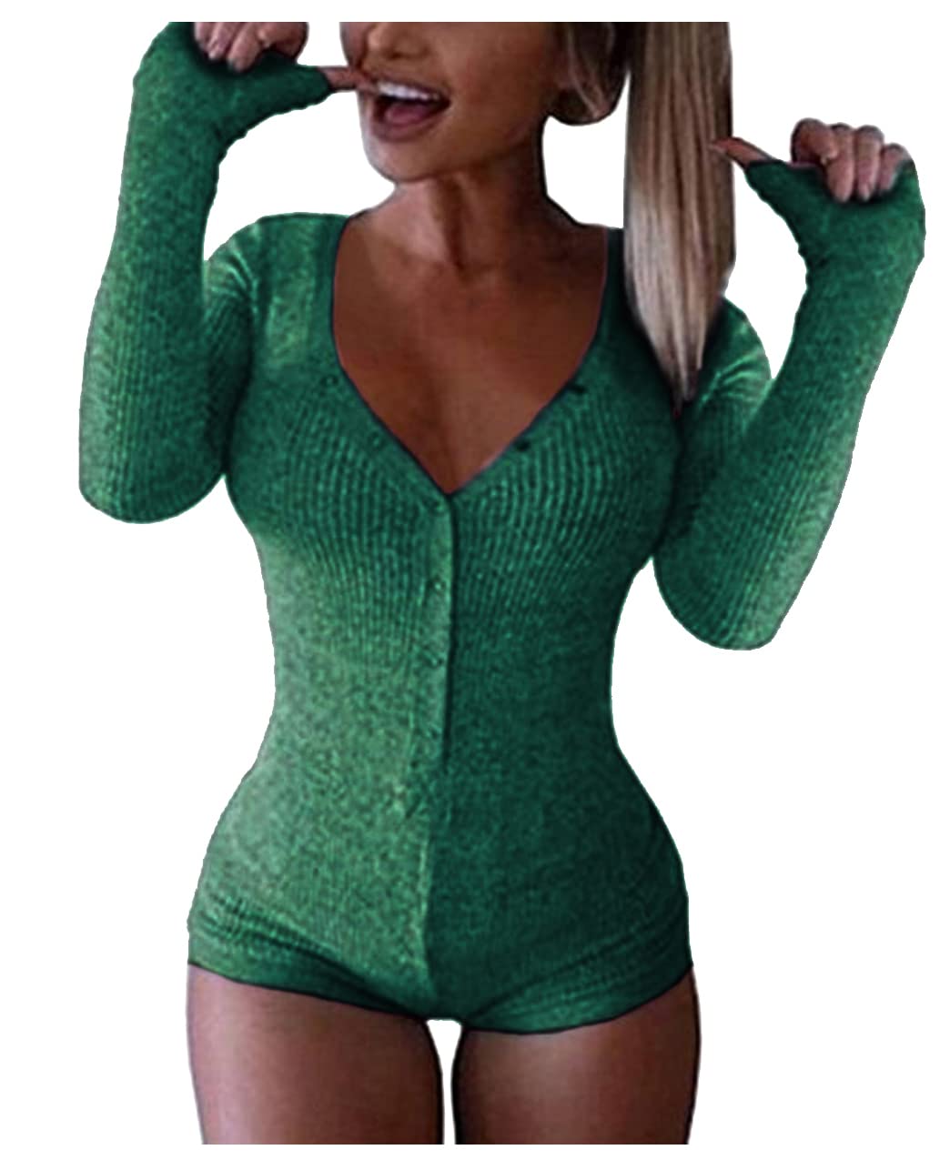 Roselux Women's Sexy Deep V Neck Shorts Long Sleeve Knitted One Piece Bodysuit Sexy Pajama Onesie Bodycon Rompers Overall