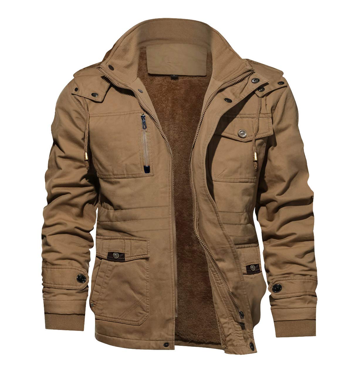 TACVASEN Men's Winter Jacket Cotton Military Jackets Fleece Lined Thick Work Warm Cargo Coats with Hooded