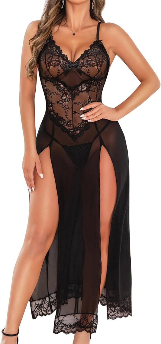 RSLOVE Lingerie Sexy Nuisette Femme Robe au Genou Vêtements de Nuit Robe sans Manches