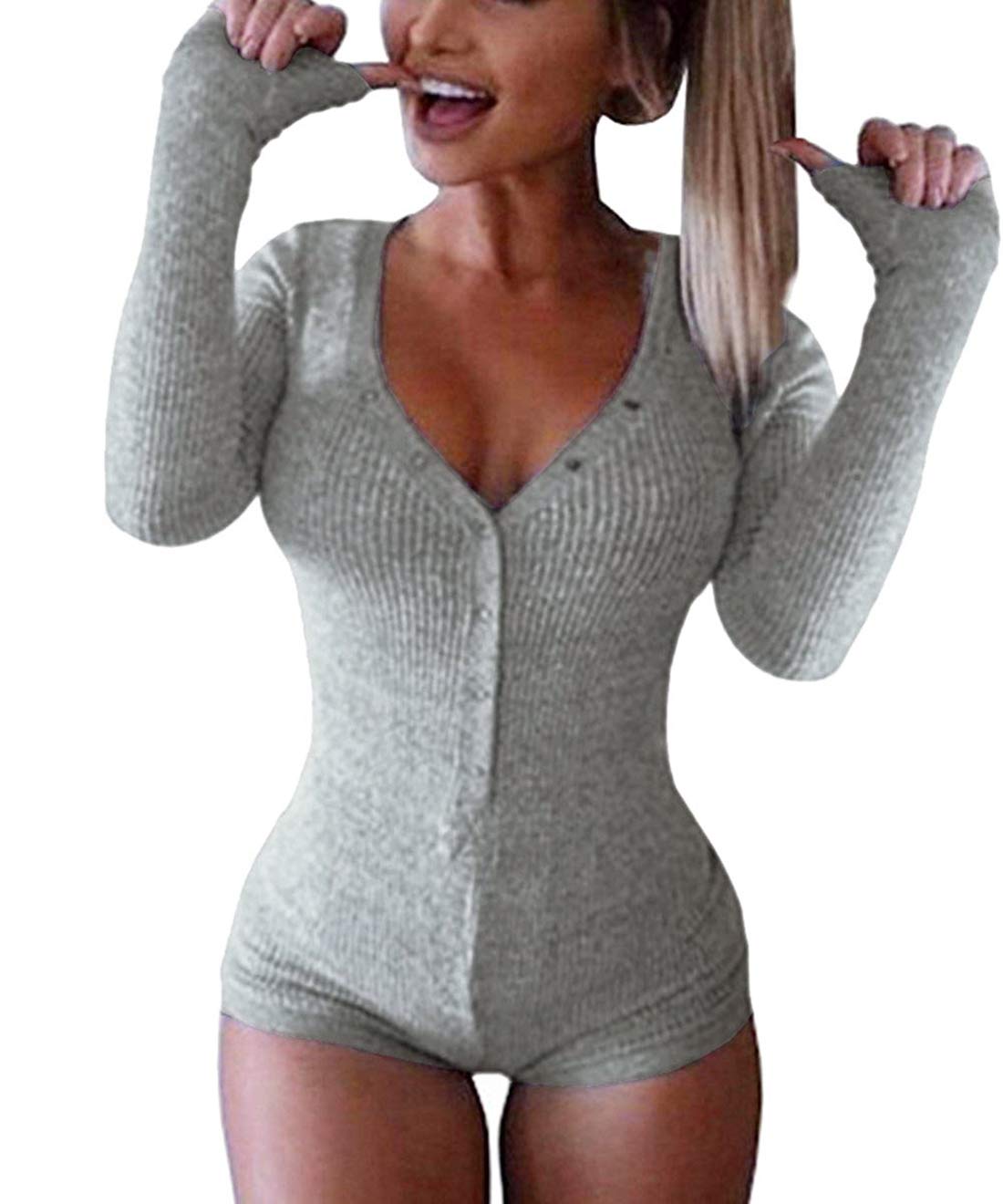 Roselux Women's Sexy Deep V Neck Shorts Long Sleeve Knitted One Piece Bodysuit Sexy Pajama Onesie Bodycon Rompers Overall