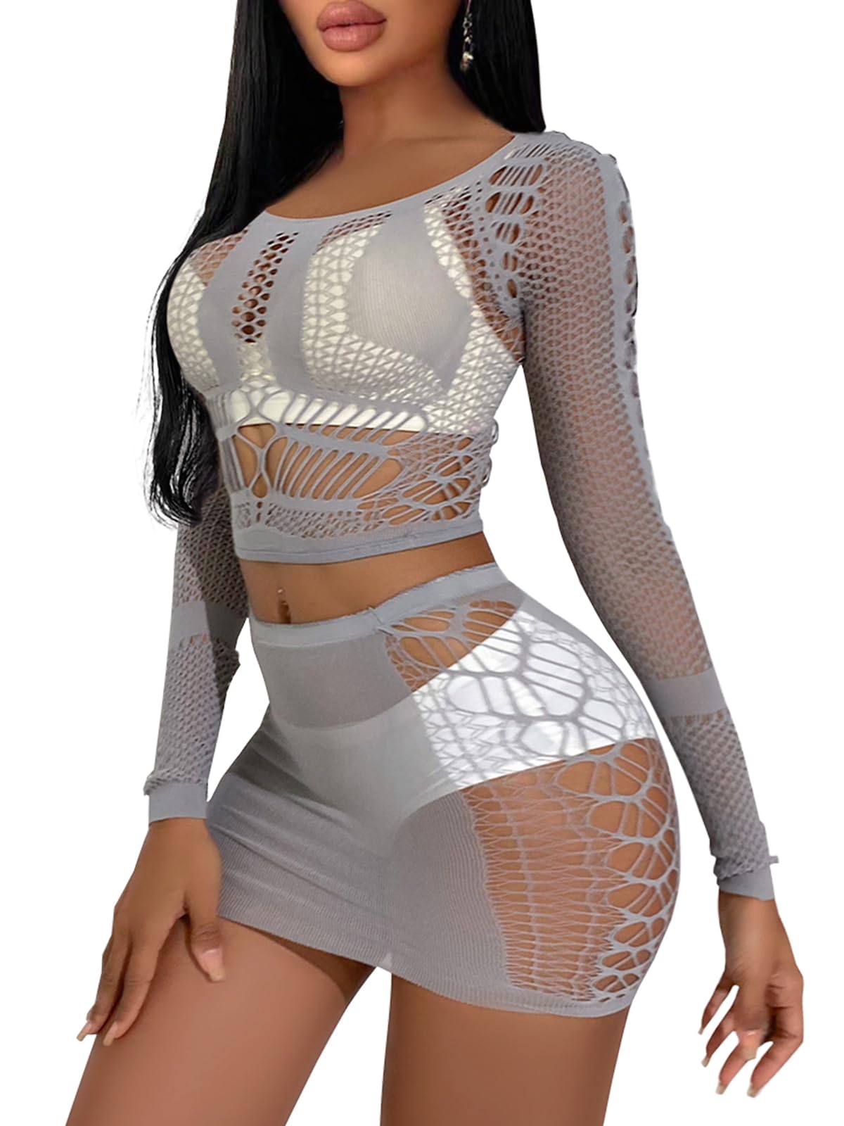 Buitifo Women's Underwear Set Sexy Mesh Set de Deux Pièces Top à Manches Longues et Jupe Moulante