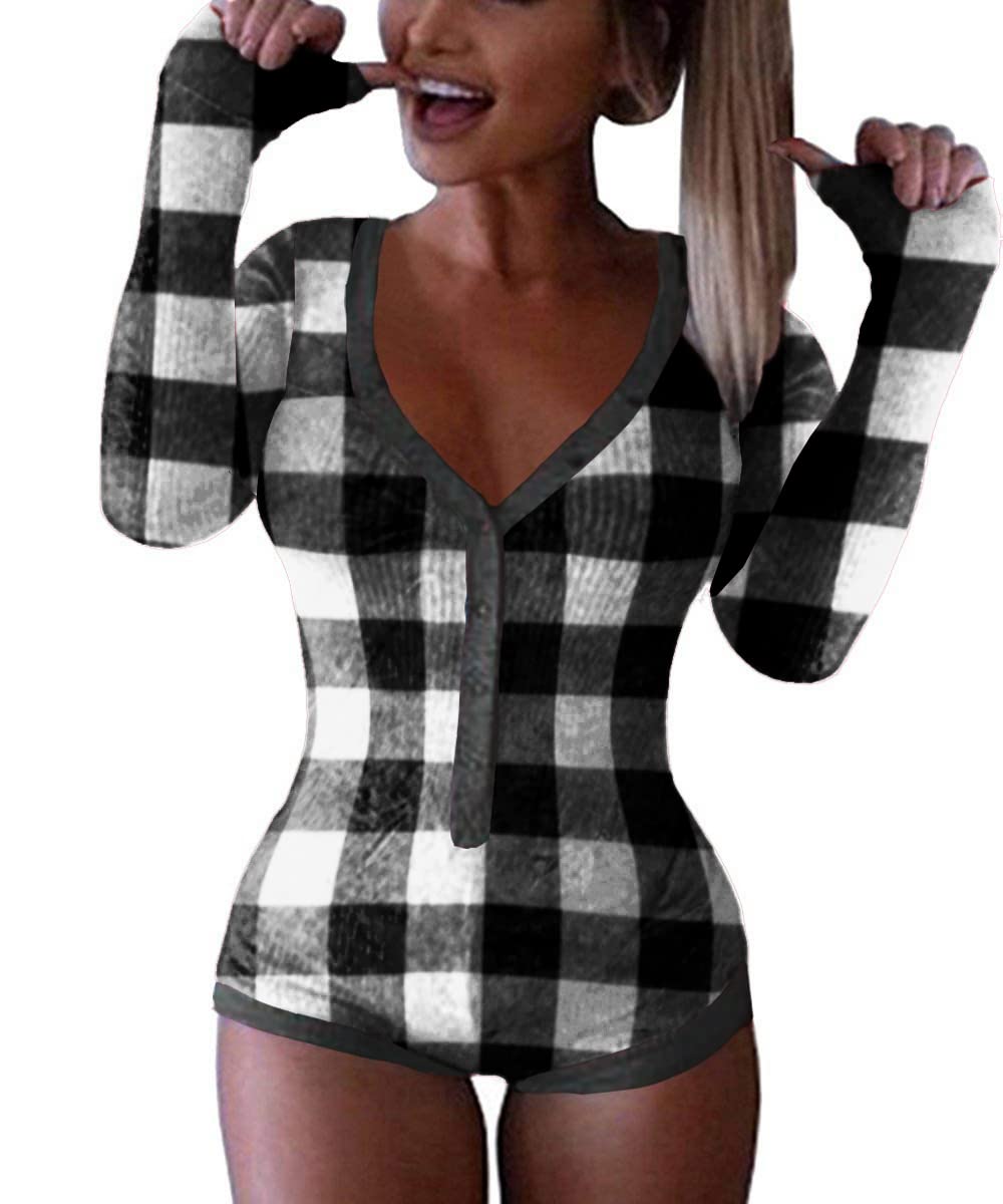 Roselux Women's Sexy Deep V Neck Shorts Long Sleeve Knitted One Piece Bodysuit Sexy Pajama Onesie Bodycon Rompers Overall