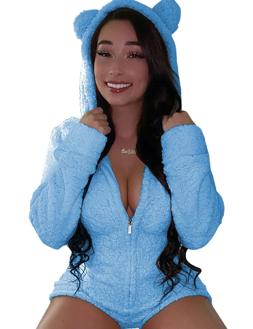 Women's Warm Fuzzy Hooded Romper Short Playsuit Jumpsuit