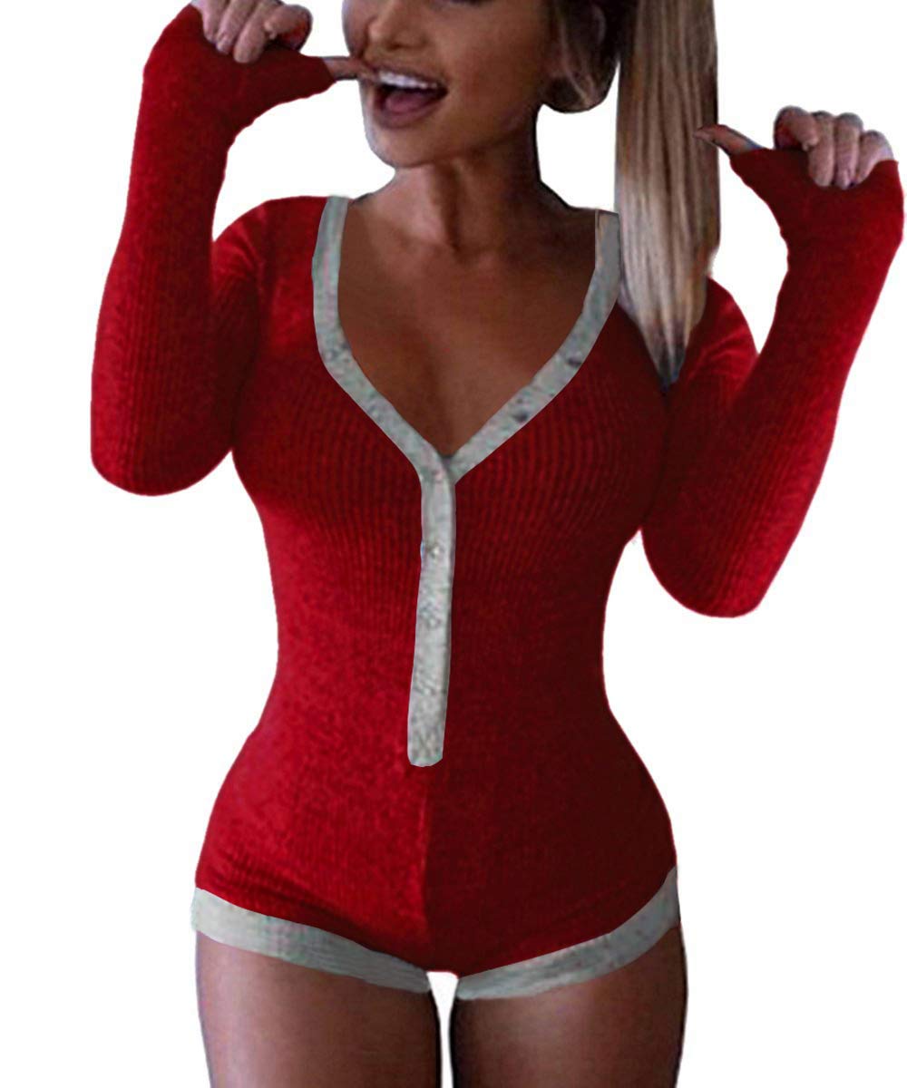 Roselux Women's Sexy Deep V Neck Shorts Long Sleeve Knitted One Piece Bodysuit Sexy Pajama Onesie Bodycon Rompers Overall