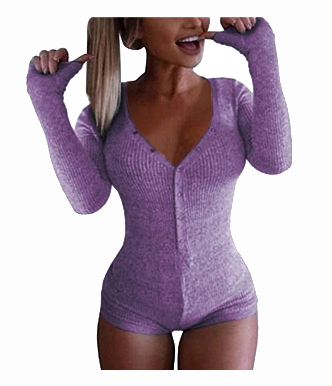 Roselux Women's Sexy Deep V Neck Shorts Long Sleeve Knitted One Piece Bodysuit Sexy Pajama Onesie Bodycon Rompers Overall