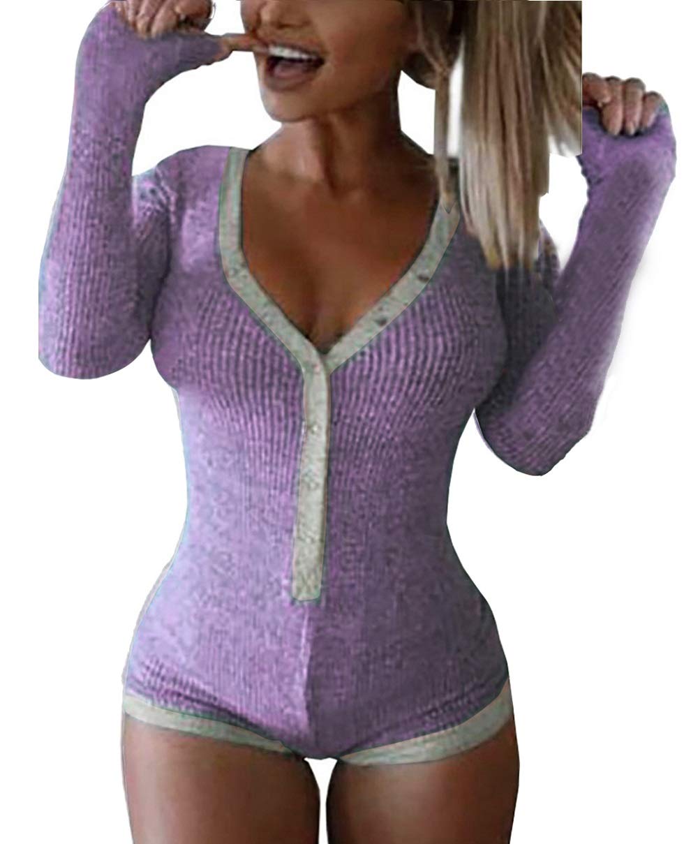 Roselux Women's Sexy Deep V Neck Shorts Long Sleeve Knitted One Piece Bodysuit Sexy Pajama Onesie Bodycon Rompers Overall
