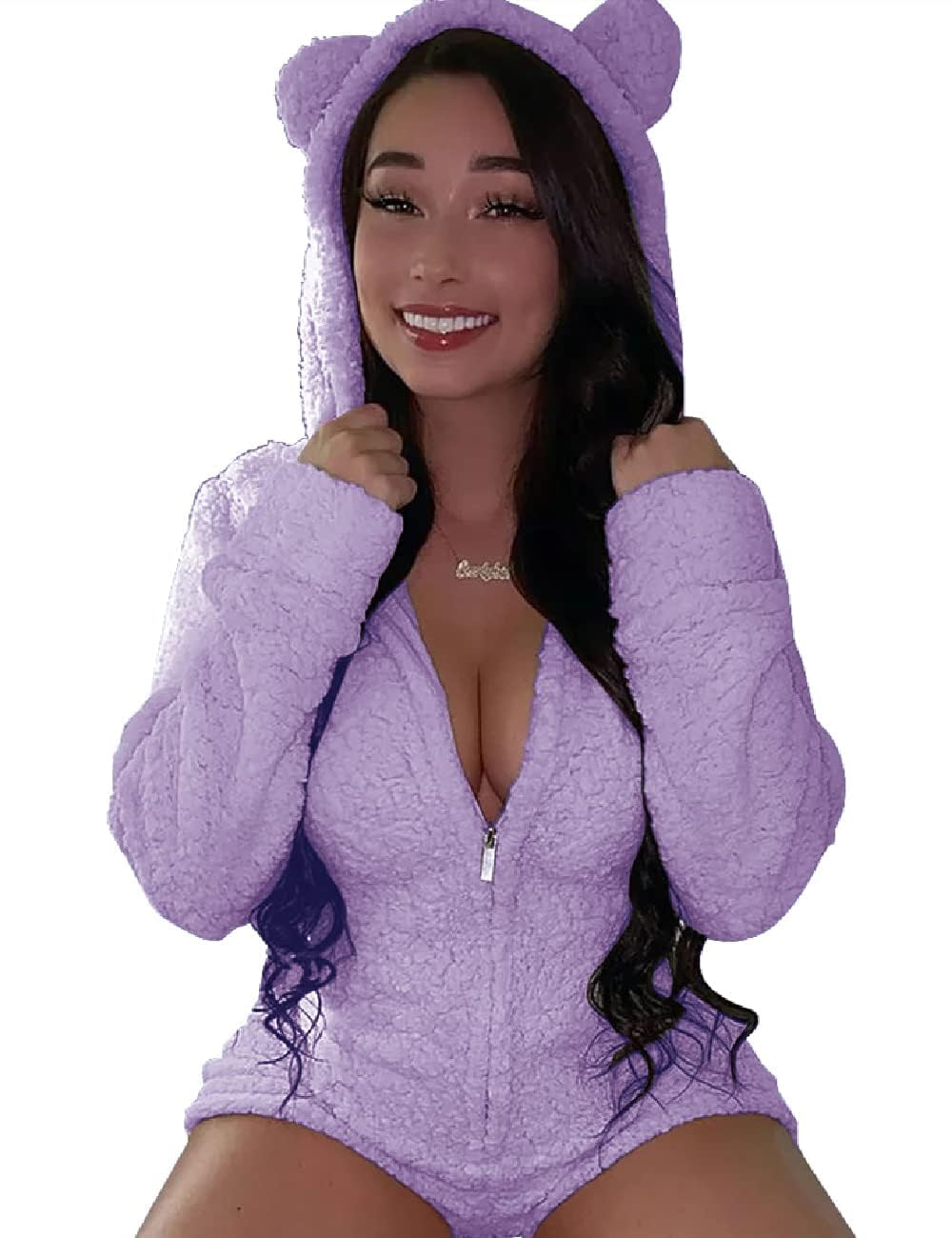 Women's Warm Fuzzy Hooded Romper Short Playsuit Jumpsuit