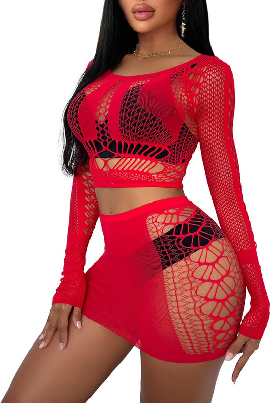 Buitifo Women's Underwear Set Sexy Mesh Set de Deux Pièces Top à Manches Longues et Jupe Moulante