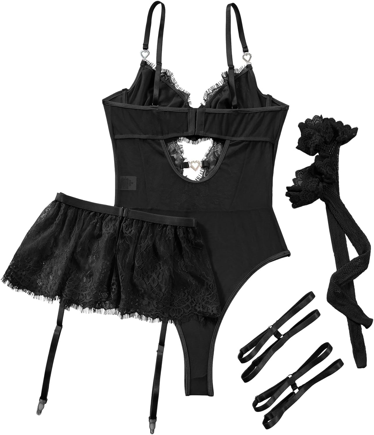 Lilosy Sexy Stocking Rhinestones Heart Garter Underwire Floral Mesh lace Sheer Babydoll Lingerie Teddy Bodysuit Skirt Set