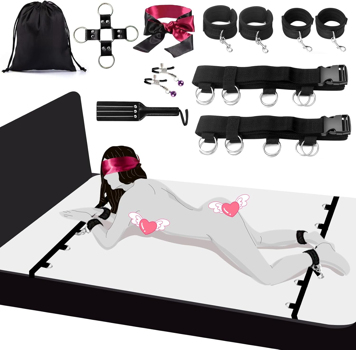 Kit de Contention au lit, Sex Toýs Femme XOPLAY Ensemble de Contention Sexuelle Sous le Matelas avec Poignets et Chevilles, Jeu Sexuel BDSM pour Couple, Bandeau, Chatouilleuse et Pinces à Tétons