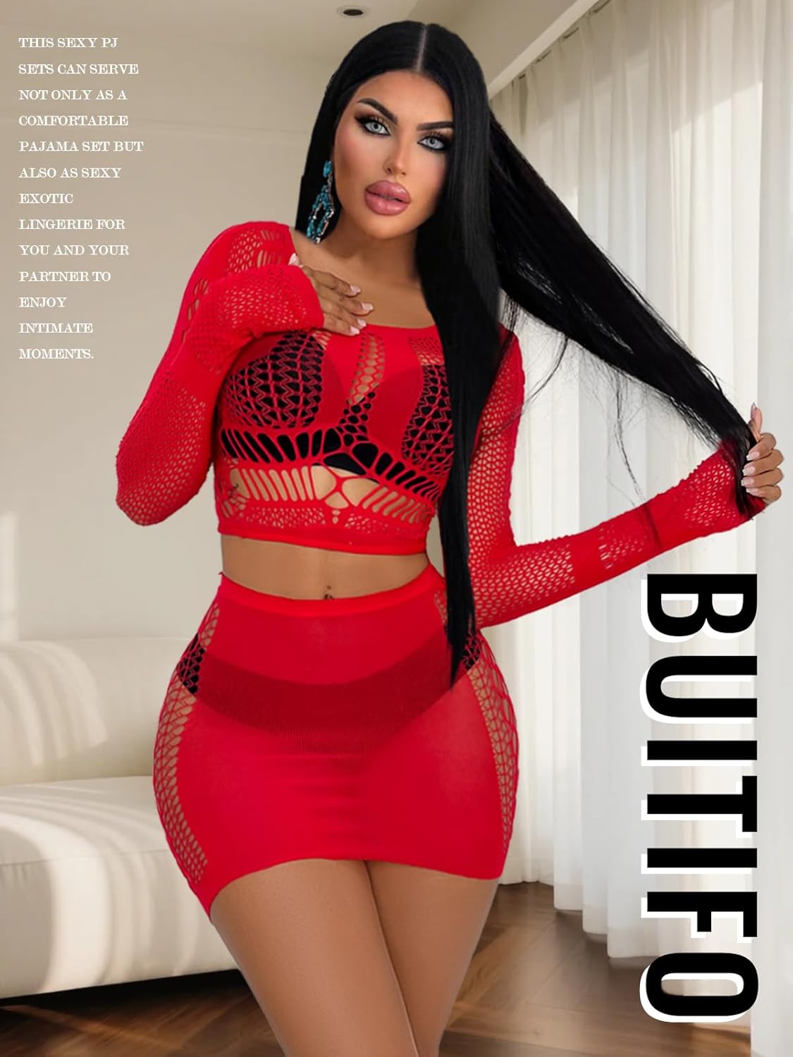 Buitifo Women's Underwear Set Sexy Mesh Set de Deux Pièces Top à Manches Longues et Jupe Moulante