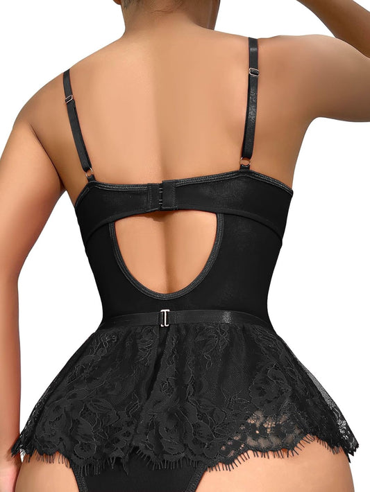 Lilosy Sexy Stocking Rhinestones Heart Garter Underwire Floral Mesh lace Sheer Babydoll Lingerie Teddy Bodysuit Skirt Set