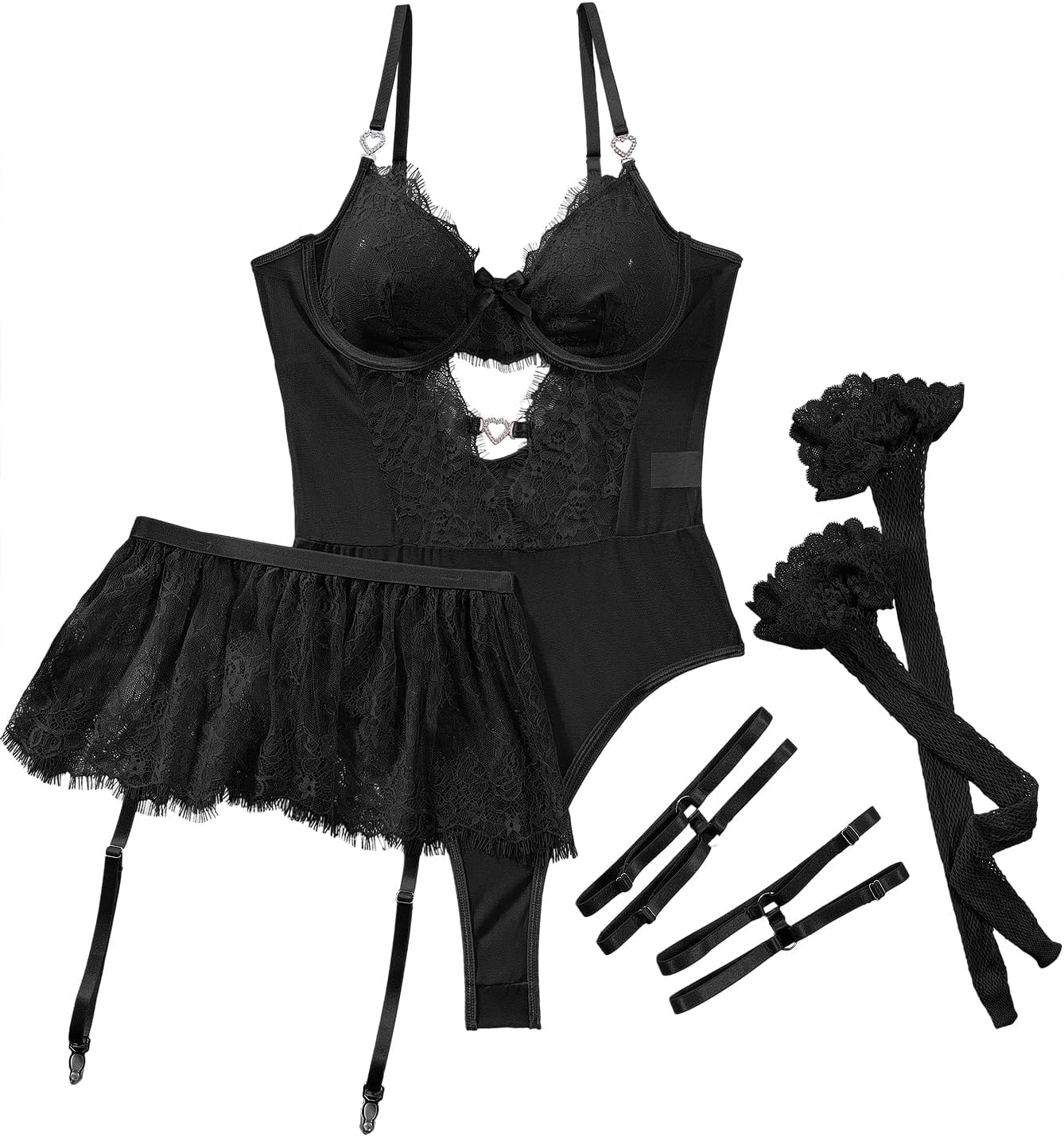 Lilosy Sexy Stocking Rhinestones Heart Garter Underwire Floral Mesh lace Sheer Babydoll Lingerie Teddy Bodysuit Skirt Set