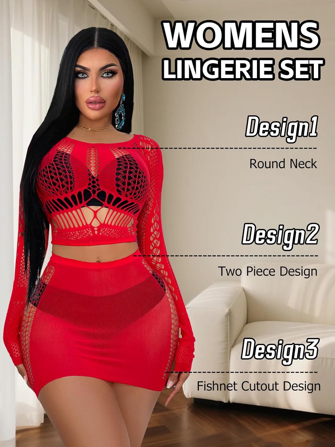 Buitifo Women's Underwear Set Sexy Mesh Set de Deux Pièces Top à Manches Longues et Jupe Moulante