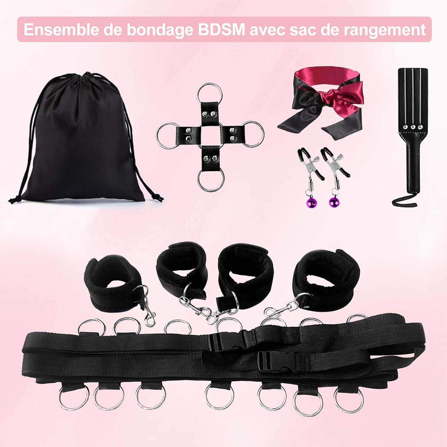 Kit de Contention au lit, Sex Toýs Femme XOPLAY Ensemble de Contention Sexuelle Sous le Matelas avec Poignets et Chevilles, Jeu Sexuel BDSM pour Couple, Bandeau, Chatouilleuse et Pinces à Tétons