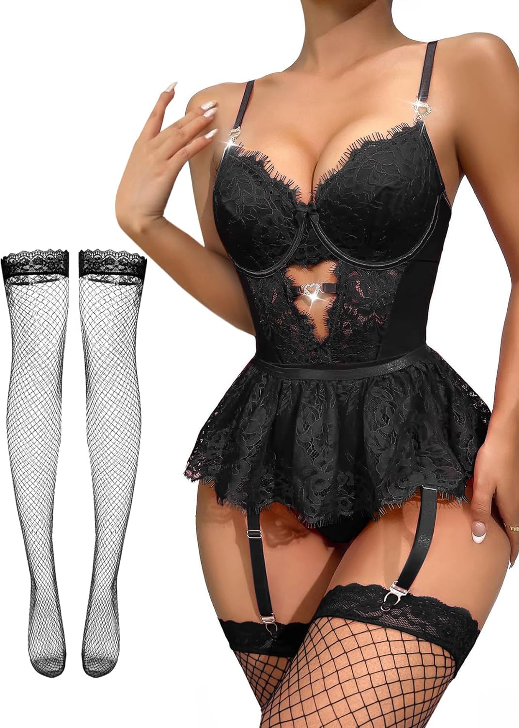 Lilosy Sexy Stocking Rhinestones Heart Garter Underwire Floral Mesh lace Sheer Babydoll Lingerie Teddy Bodysuit Skirt Set