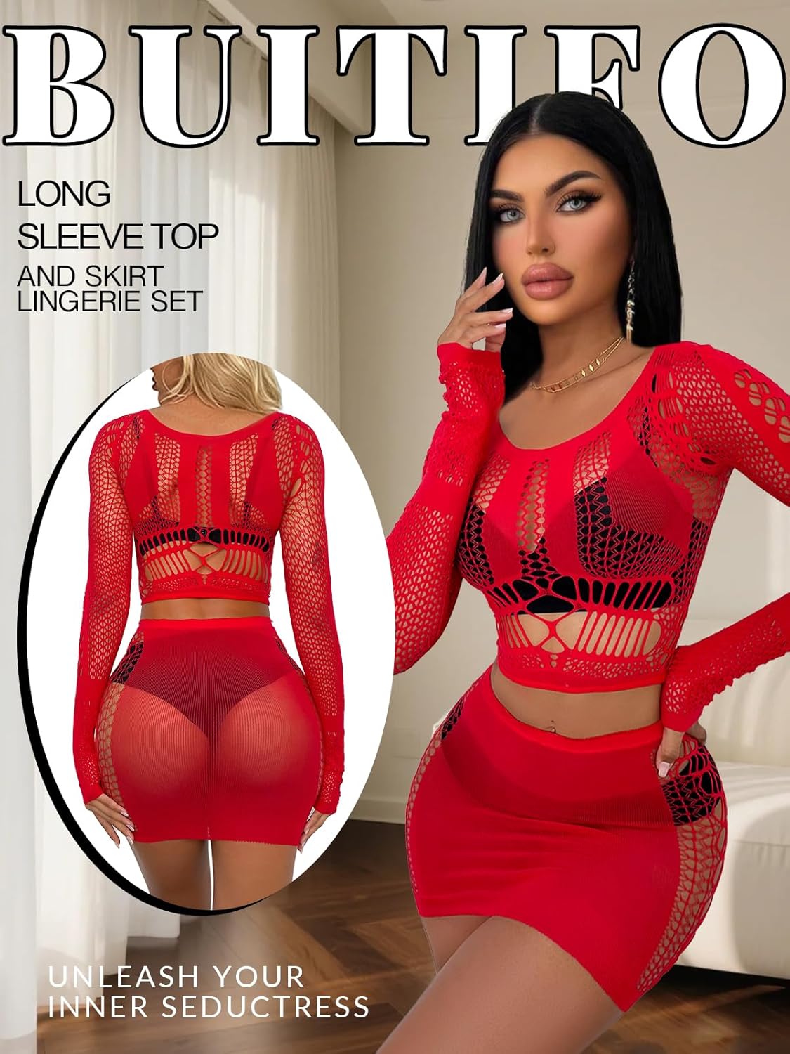 Buitifo Women's Underwear Set Sexy Mesh Set de Deux Pièces Top à Manches Longues et Jupe Moulante