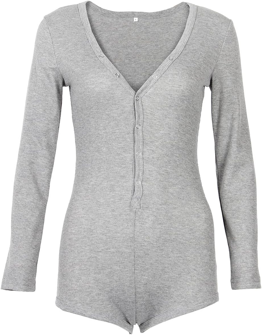 Roselux Women's Sexy Deep V Neck Shorts Long Sleeve Knitted One Piece Bodysuit Sexy Pajama Onesie Bodycon Rompers Overall