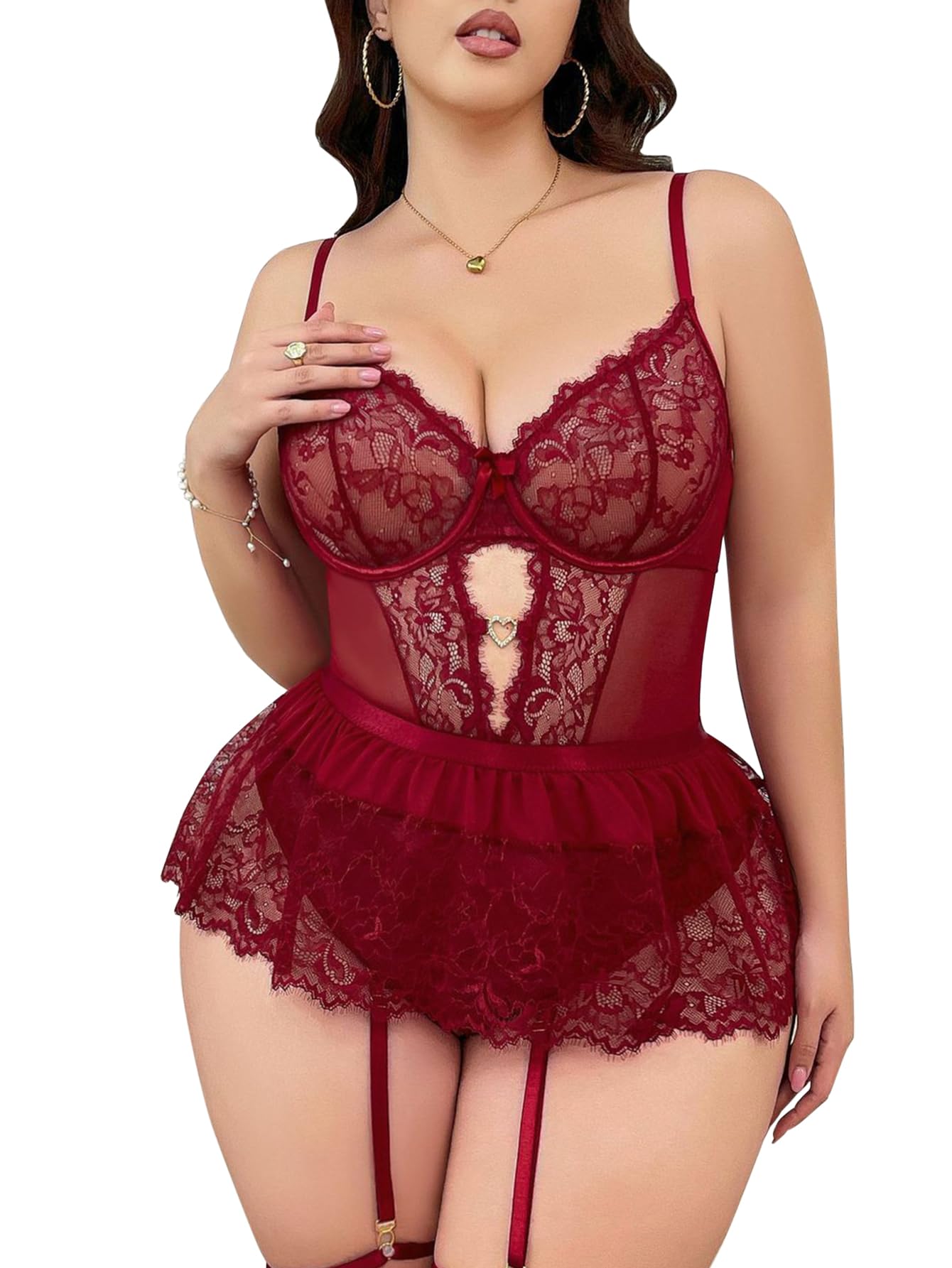 Lilosy Sexy Stocking Rhinestones Heart Garter Underwire Floral Mesh lace Sheer Babydoll Lingerie Teddy Bodysuit Skirt Set