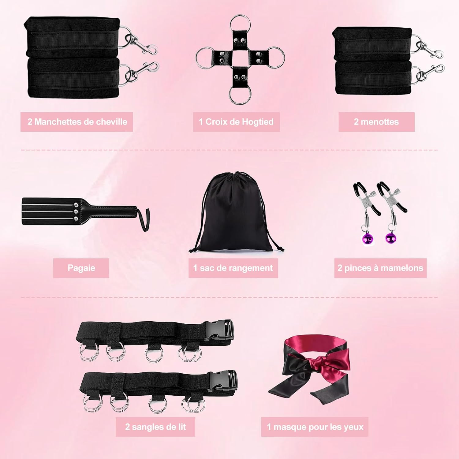 Kit de Contention au lit, Sex Toýs Femme XOPLAY Ensemble de Contention Sexuelle Sous le Matelas avec Poignets et Chevilles, Jeu Sexuel BDSM pour Couple, Bandeau, Chatouilleuse et Pinces à Tétons