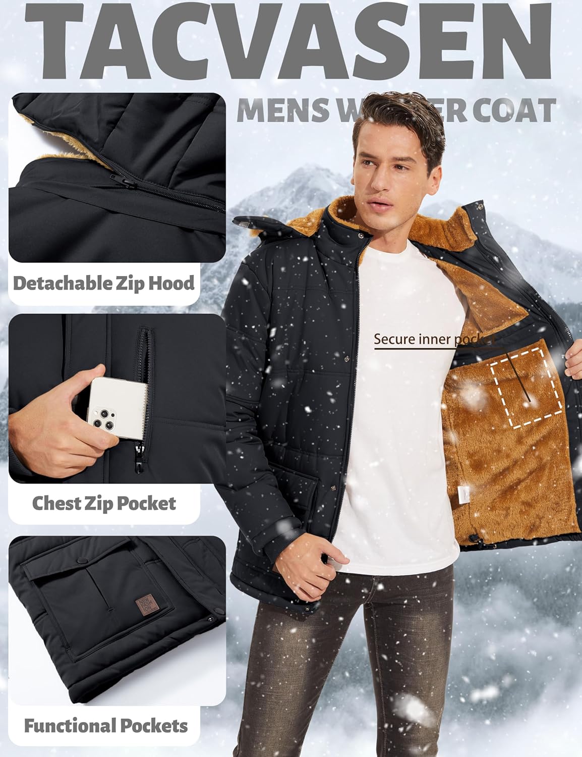 TACVASEN Men's Winter Jacket with Hood Water Repellent Windproof Thicken Parka Winter Coat