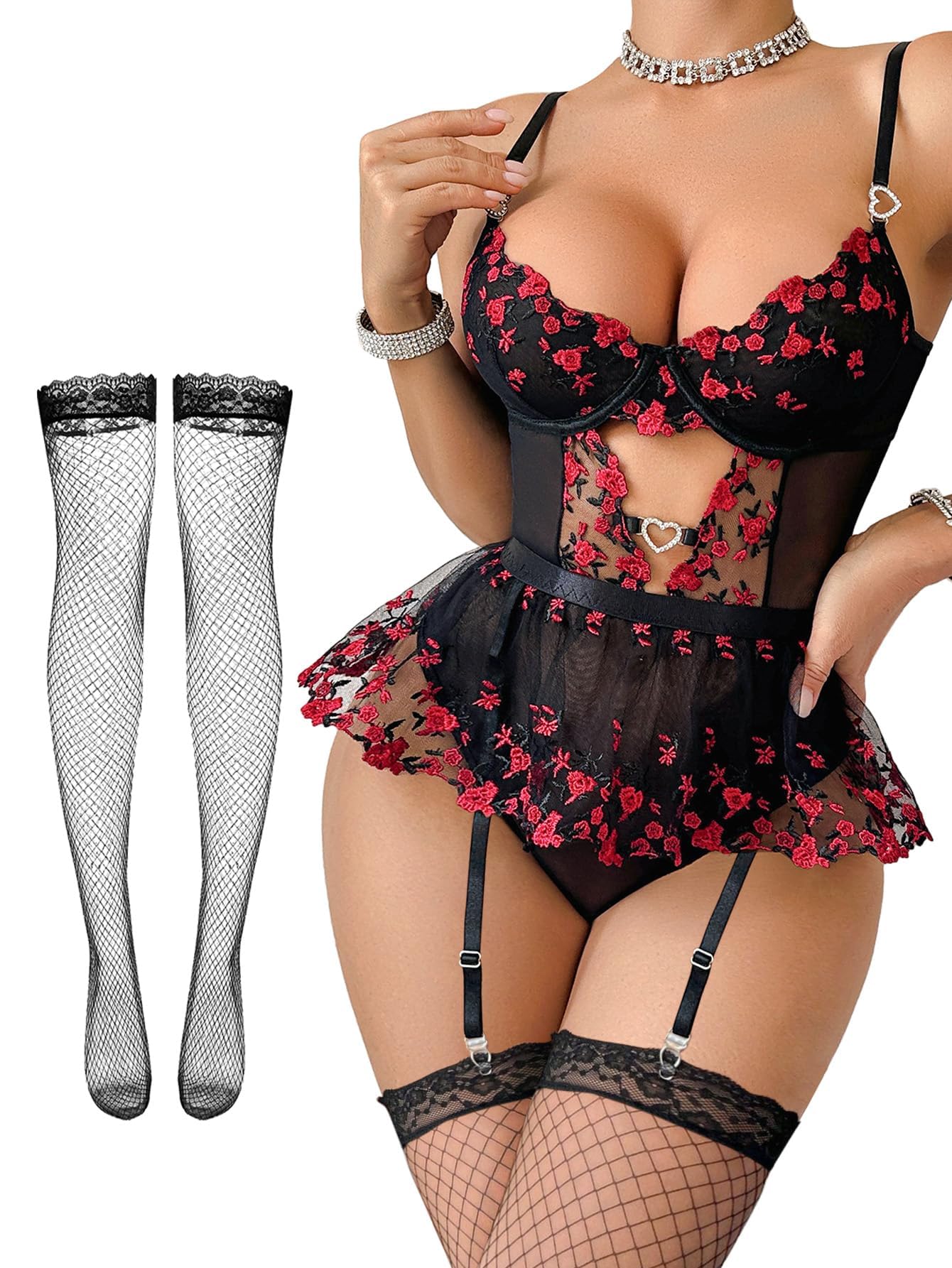 Lilosy Sexy Stocking Rhinestones Heart Garter Underwire Floral Mesh lace Sheer Babydoll Lingerie Teddy Bodysuit Skirt Set
