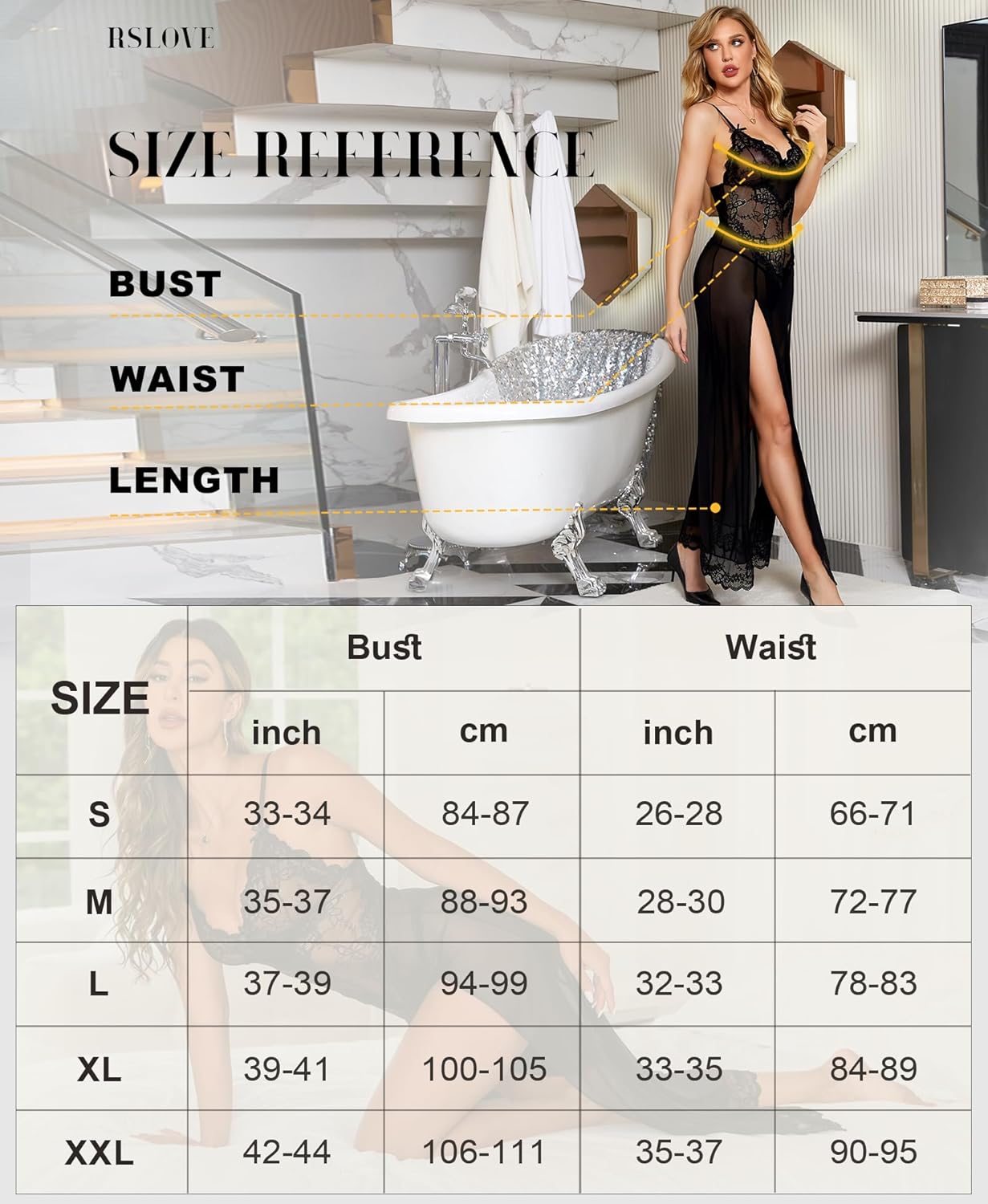 RSLOVE Lingerie Sexy Nuisette Femme Robe au Genou Vêtements de Nuit Robe sans Manches